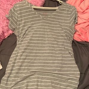 Grey and white striped v neck shirt, never worn, size XL